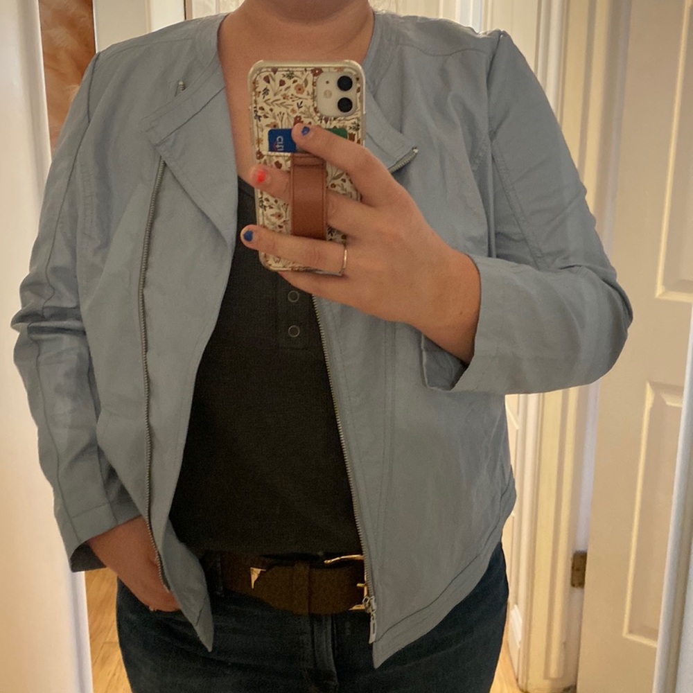 Chicos Moto jacket, robins egg blue